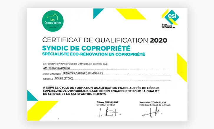 Gautard Immobilier a obtenu le certificat de qualification syndic de copropriété spécialiste éco rénovation en copropriété